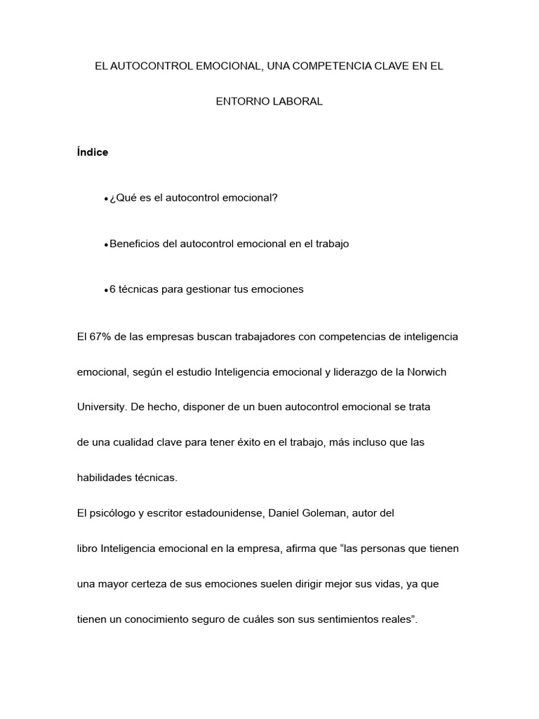 Autocontrol Emocional en el Trabajo | PDF | Las emociones ...