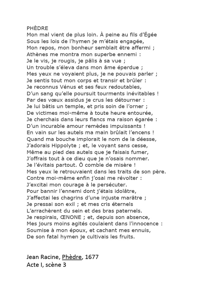 Lecture de Phèdre Phèdre, Acte I, Scène 3 | PDF