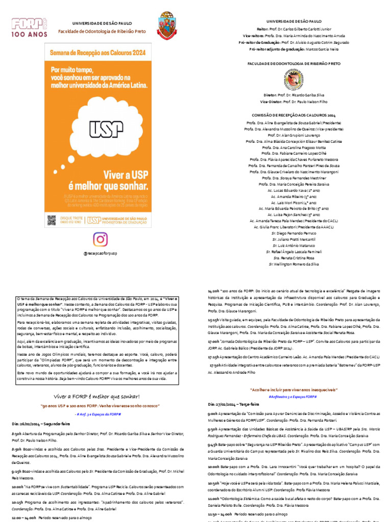 Recepção aos Calouros FORP 2024: Programação | PDF | Bem-estar