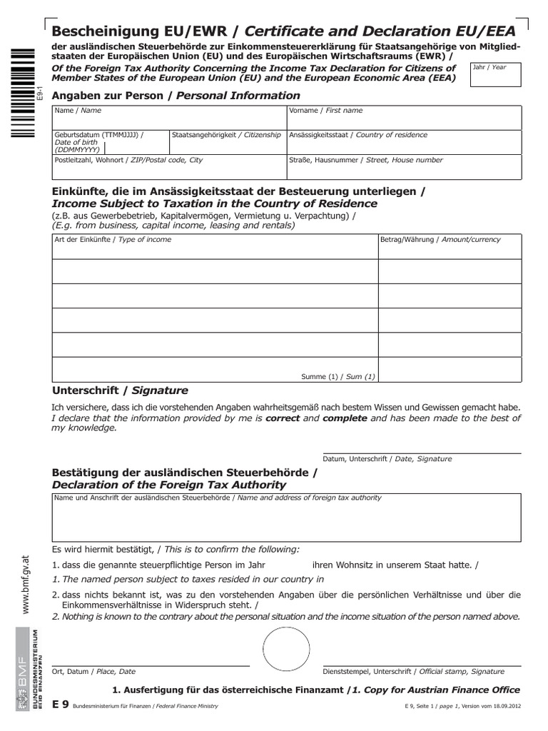Bescheinigung EU/EWR / Certificate and Declaration EU/EEA: Angaben Zur ...