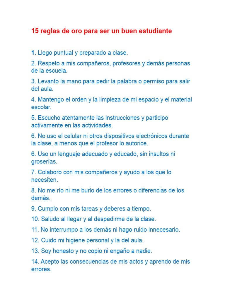 15 Reglas de Oro para Estudiantes | PDF | Crecimiento personal y ...
