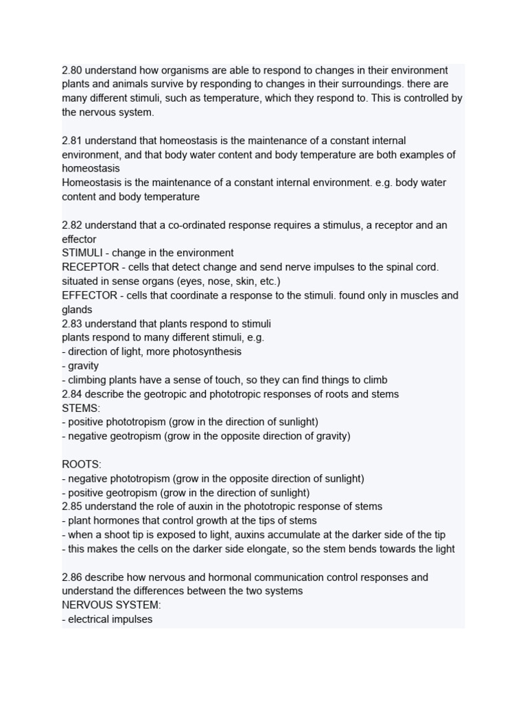 Organism Responses and Homeostasis Explained | PDF | Nervous System ...