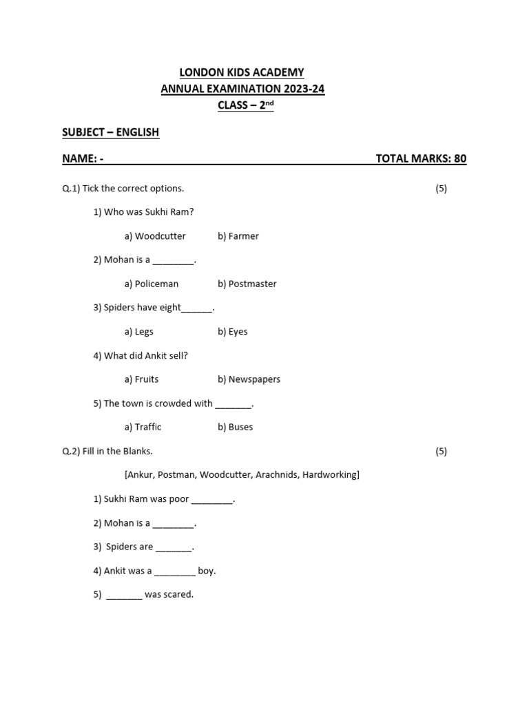 Class 2 English Annual Exam PDF Linguistics Linguistic Morphology