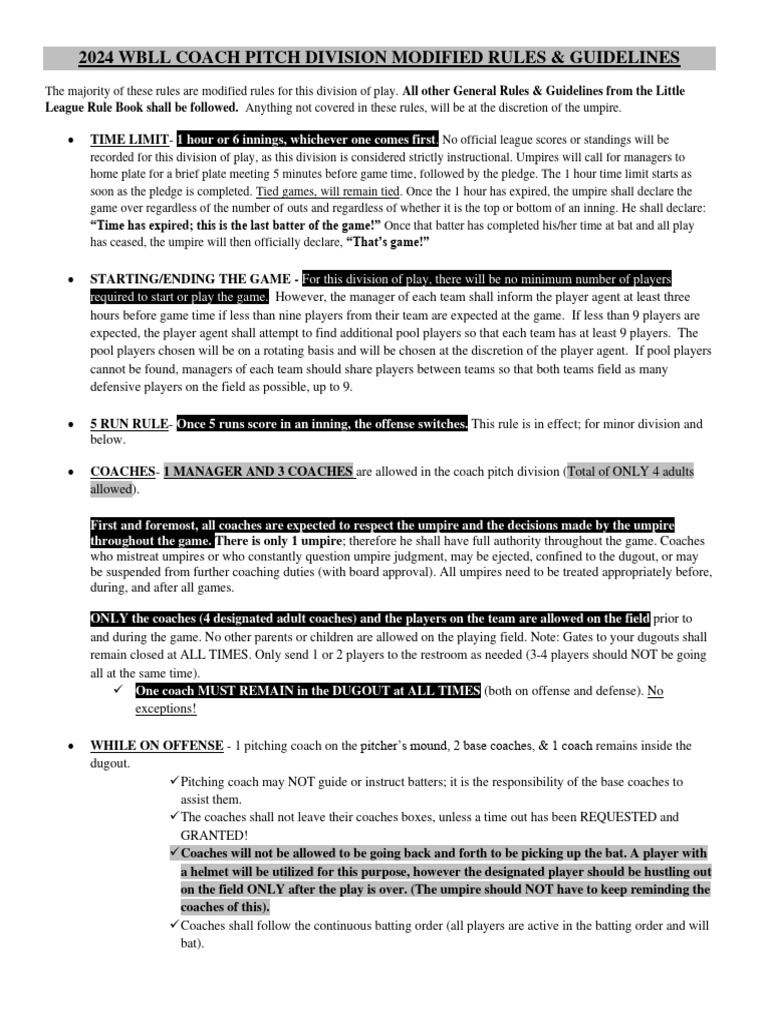 2024 WBLL Coach Pitch Rules Guide | PDF | Baseball Field | Pitcher
