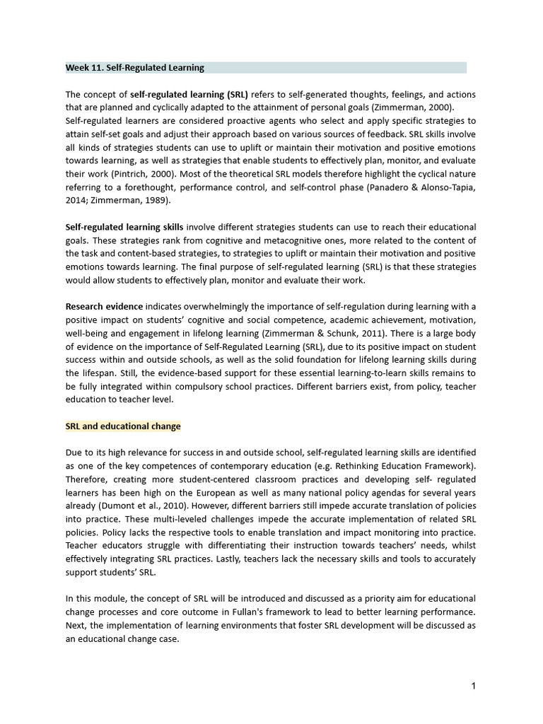 Shared Week 11 Self Regulated Learning Pdf Metacognition Learning