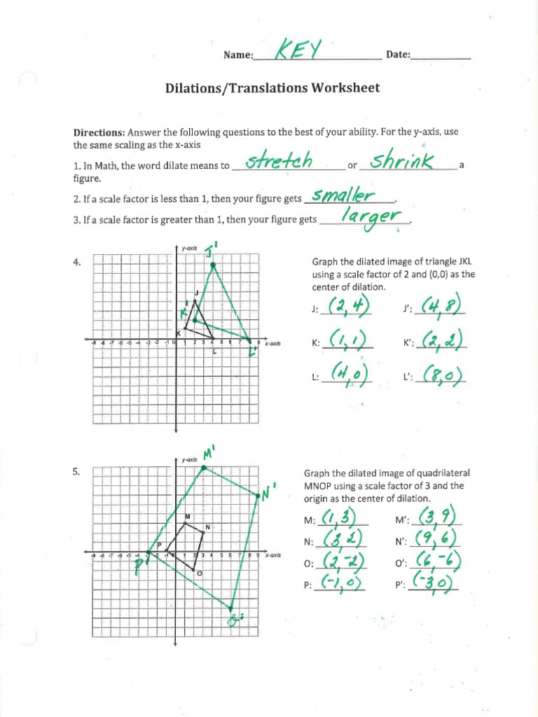 Dilations Translations Worksheet Answer Key PDF
