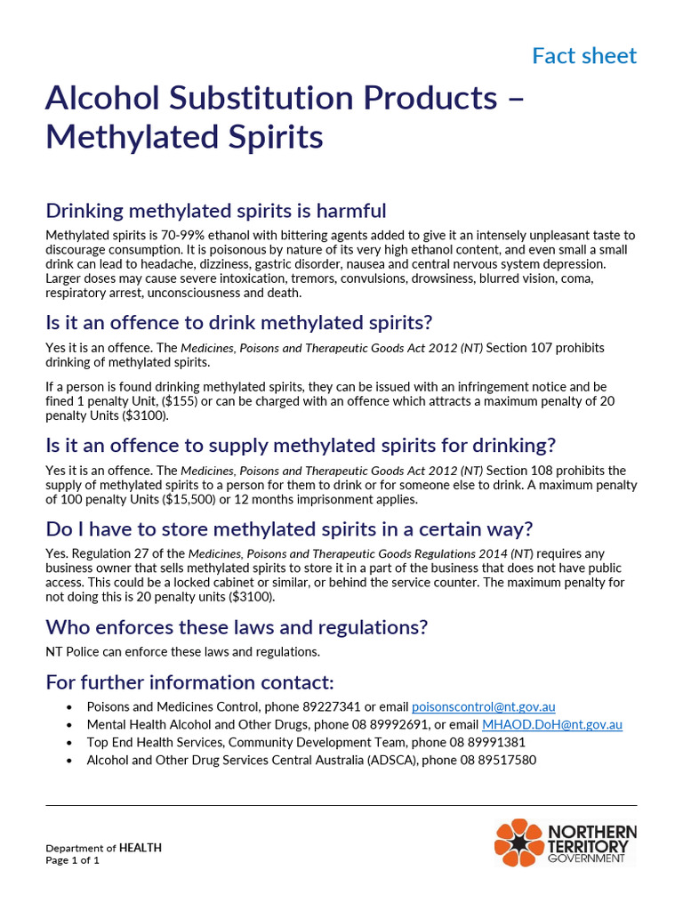 Alcohol Substitution Products Methylated Spirits Fact Sheet PDF