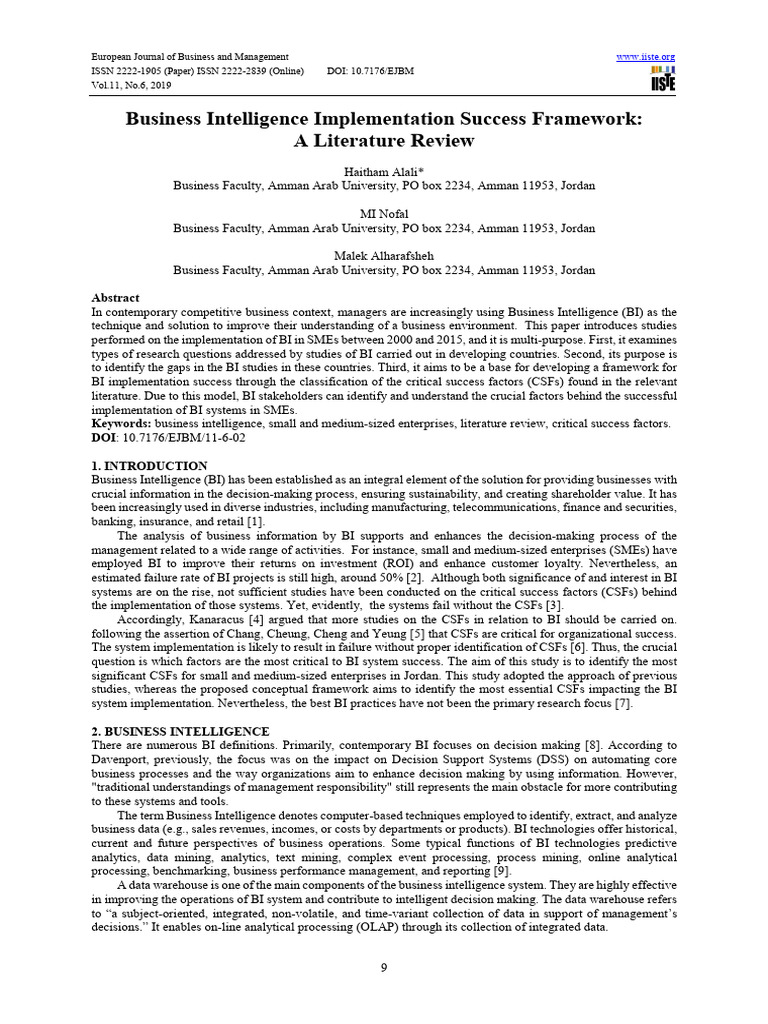 Business intelligence implementation success framework a literature