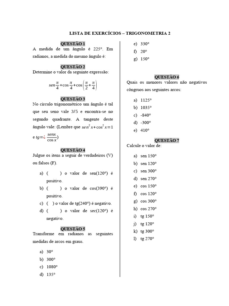 Lista de Exercícios - Trigonometria 2 | PDF
