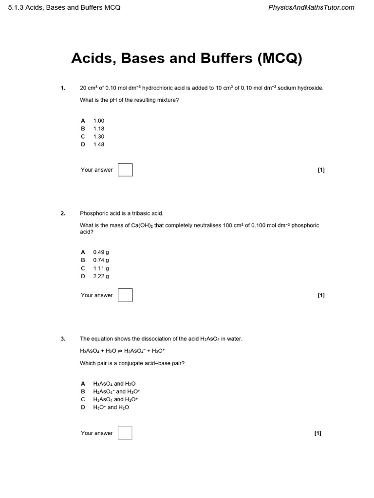 5.1.3 Acids, Bases and Buffers MCQ PDF Buffer Solution Acid