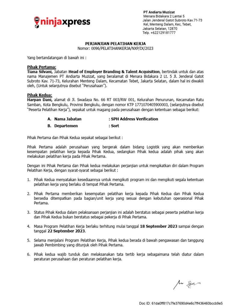 Strictly confidential agreement training harpan dani sph address