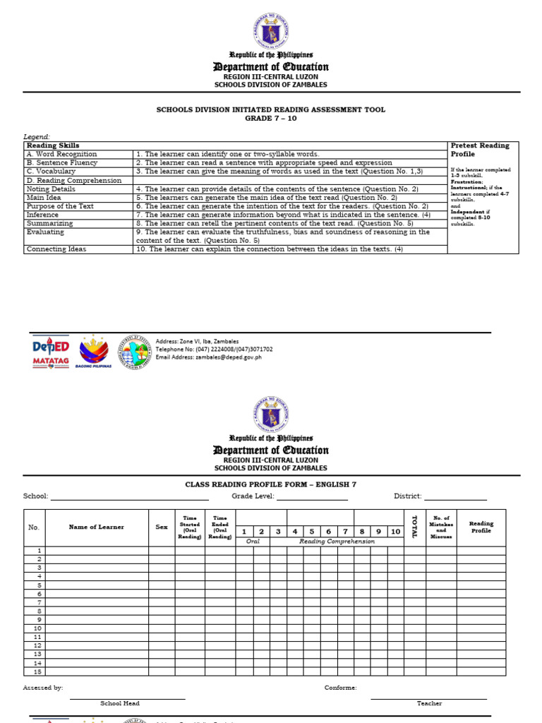 Reading assessment tool and class profile in english for grade 3 10