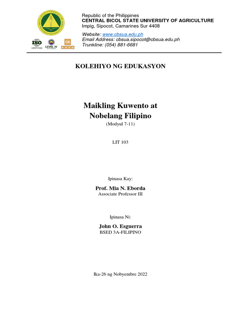 Lit 103 - Modyul 7-11 - Esguerra John o - Bsed 3a-Filipino | PDF