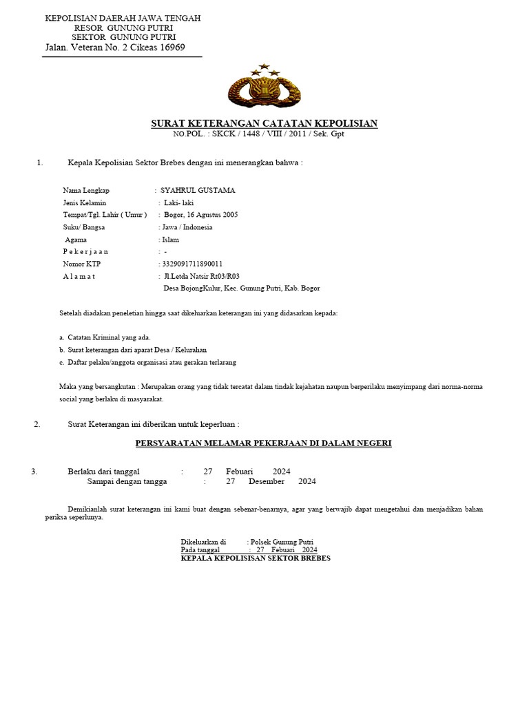Contoh SKCK untuk Melamar Kerja 2024 | PDF