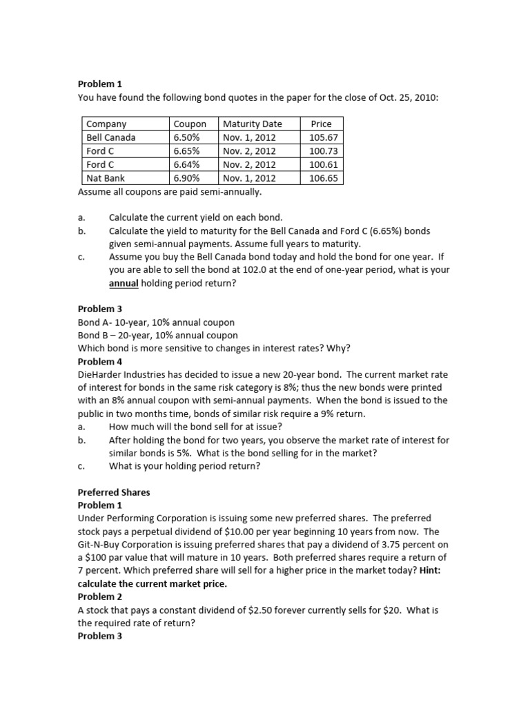 Bond and Stock Valuation Problems | PDF | Bonds (Finance) | Preferred Stock