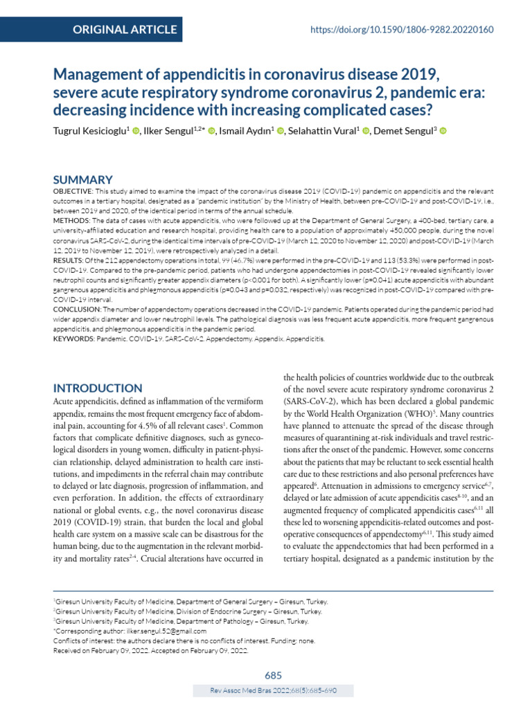 Management of Appendicitis in Coronavirus Disease 2019, Severe Acute ...