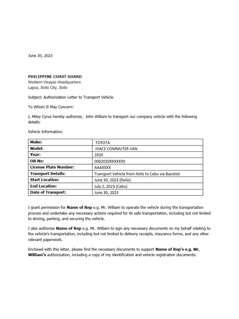 Vehicle Transport Authorization Letter | PDF