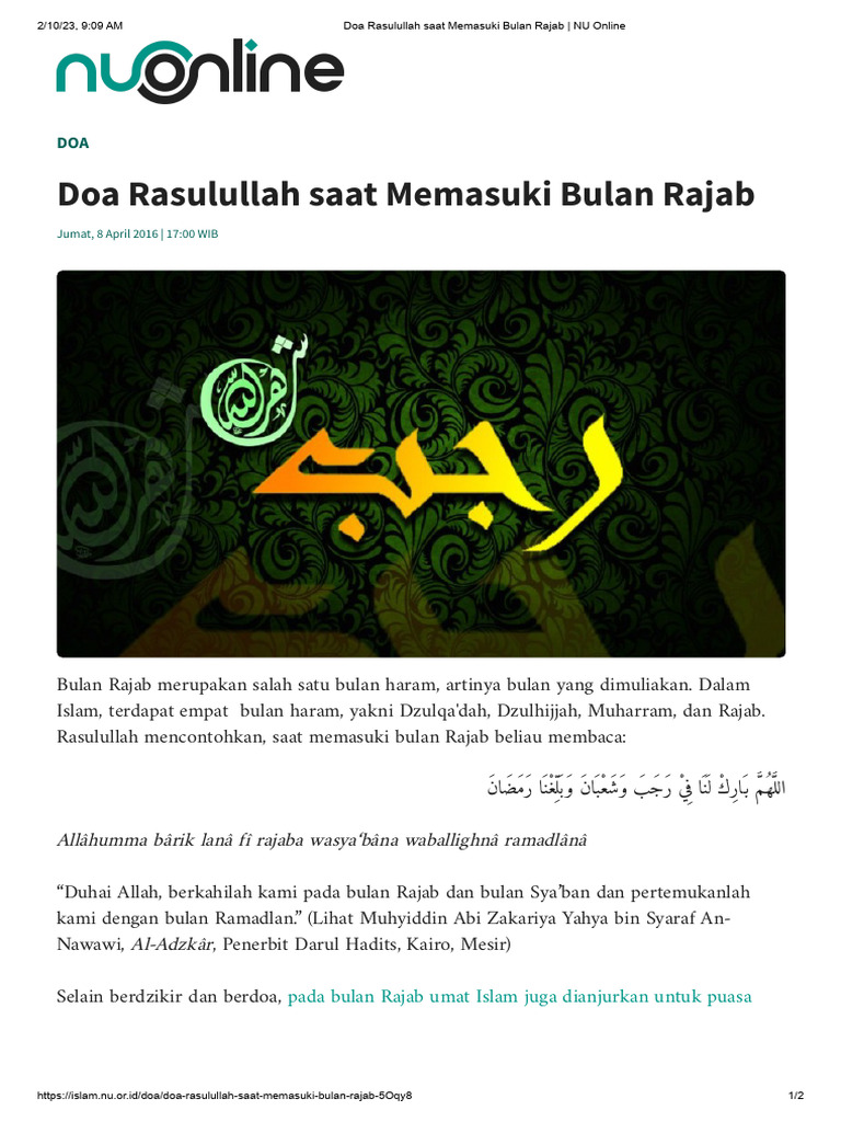 Doa Rasulullah Saat Memasuki Bulan Rajab Nu Online Pdf