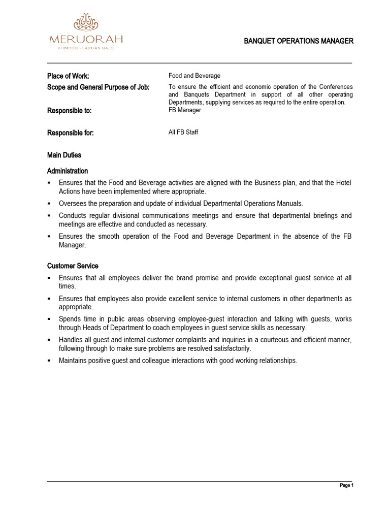 Banquet Operations Manager Overview | PDF