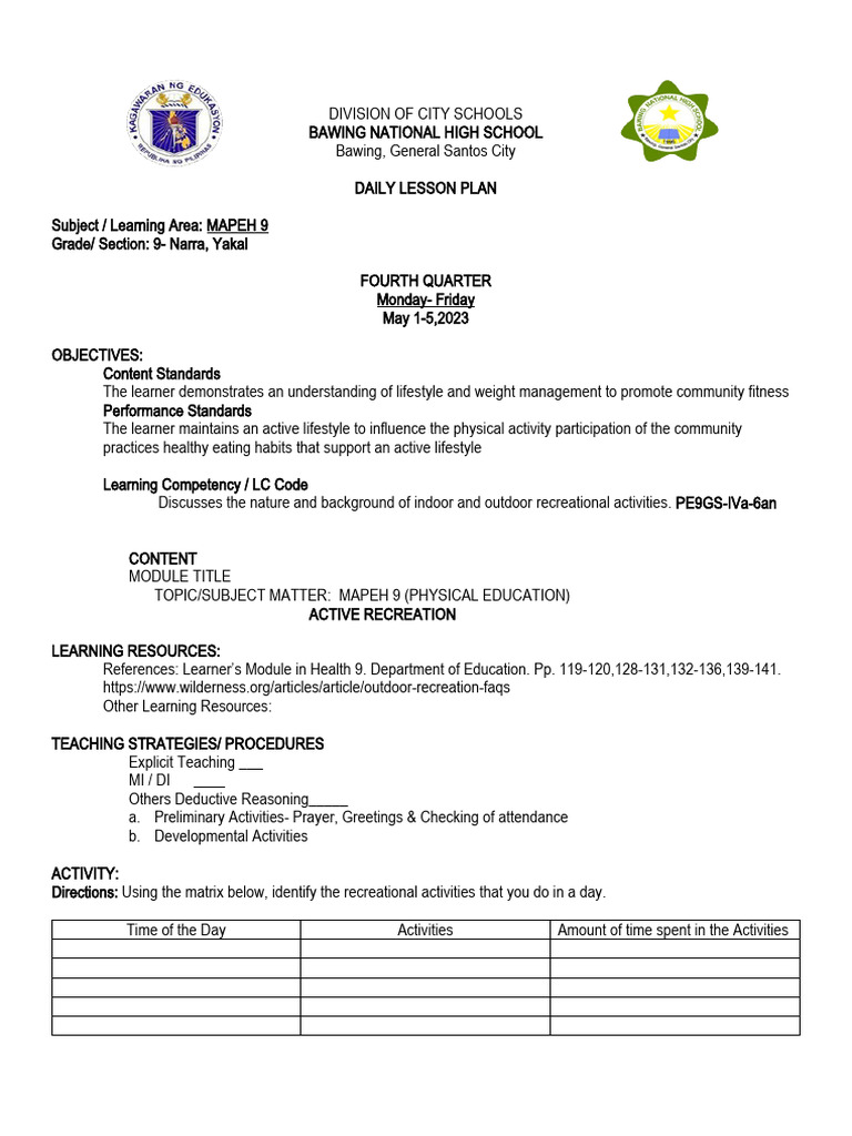 Active Recreation Lesson Plan | PDF | La Traviata | Physical Fitness