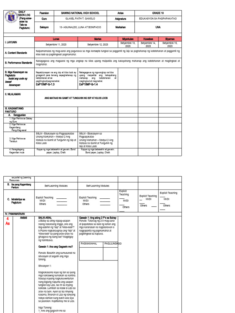 DLL Esp 10 1ST Quarter | PDF