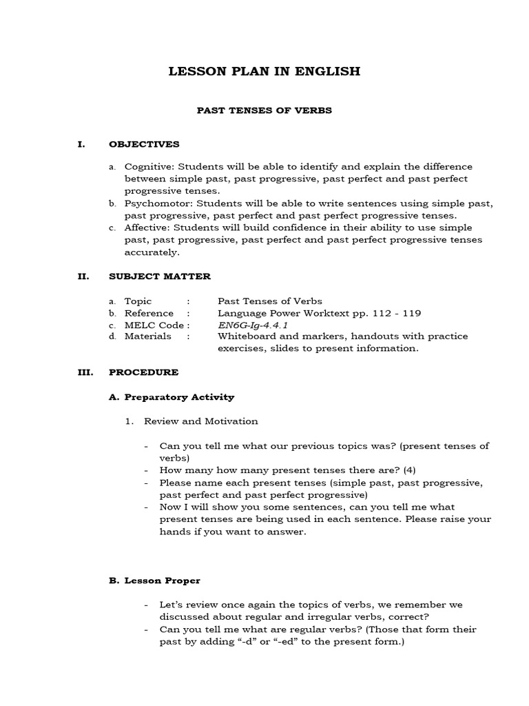 Past Tenses Lesson Plan for Students | PDF | Grammatical Tense | Verb