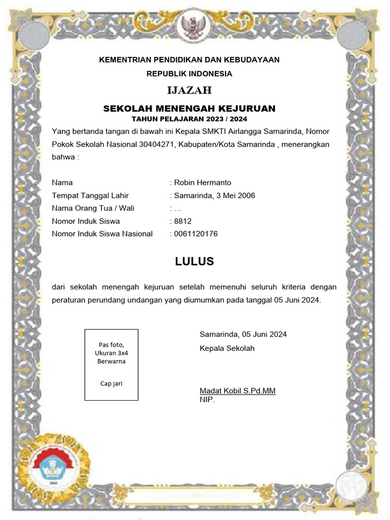 Ijazah SMKTI 2024: Robin Hermanto | PDF