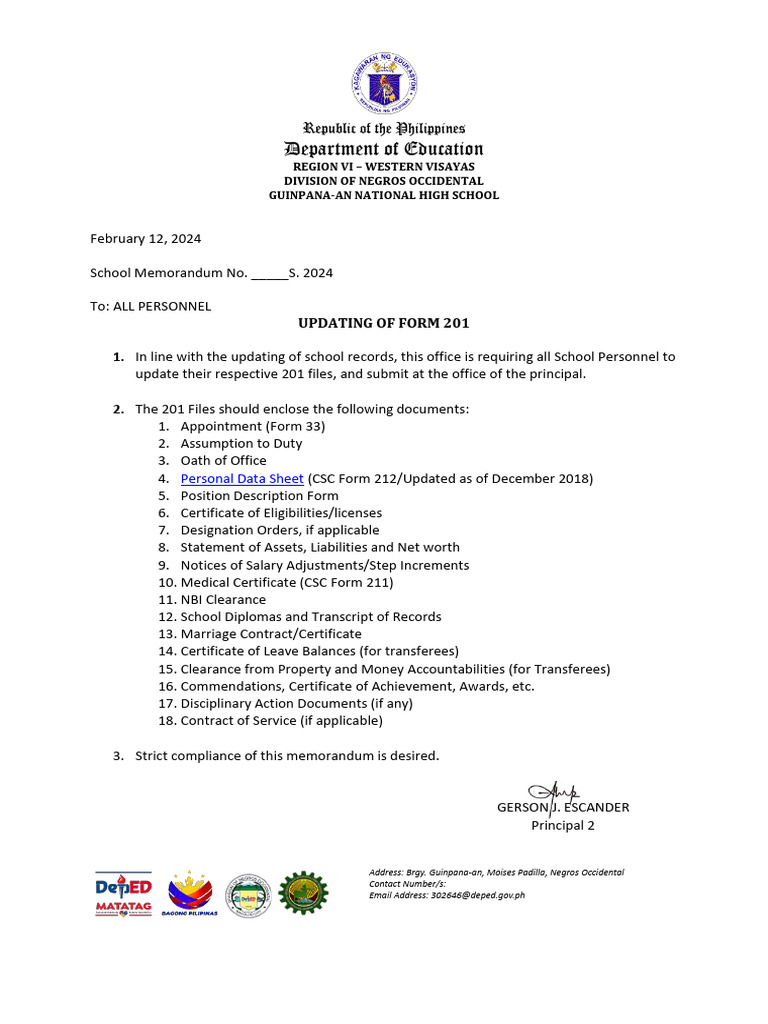 Updating 201 Files for School Personnel | PDF