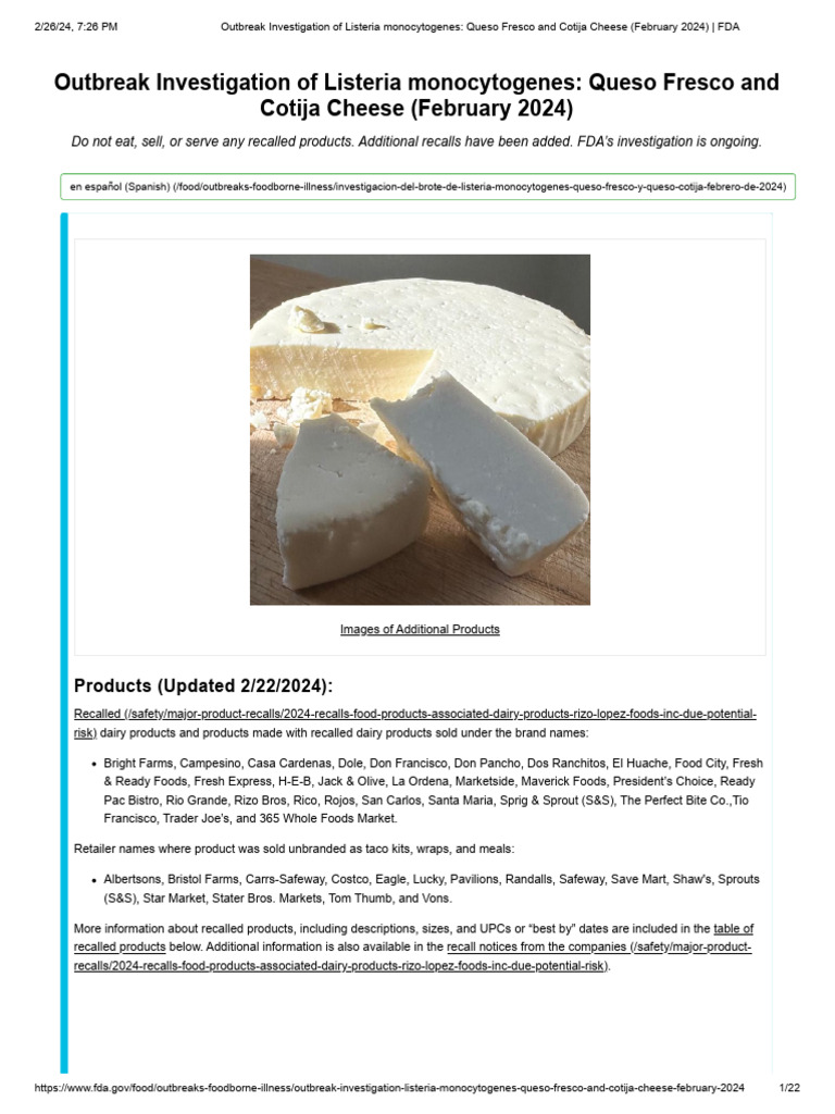 Outbreak Investigation of Listeria Monocytogenes Queso Fresco and