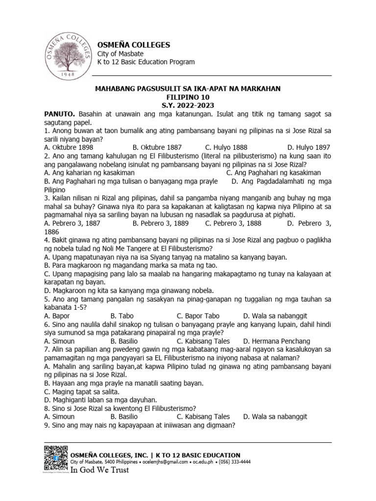 Ikaapat Markahang Pagsusulit Sa Filipino | PDF