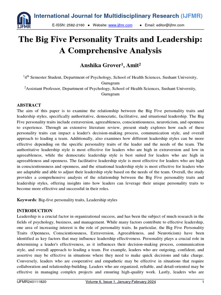 The Big Five Personality Traits And Leadership A Comprehensive