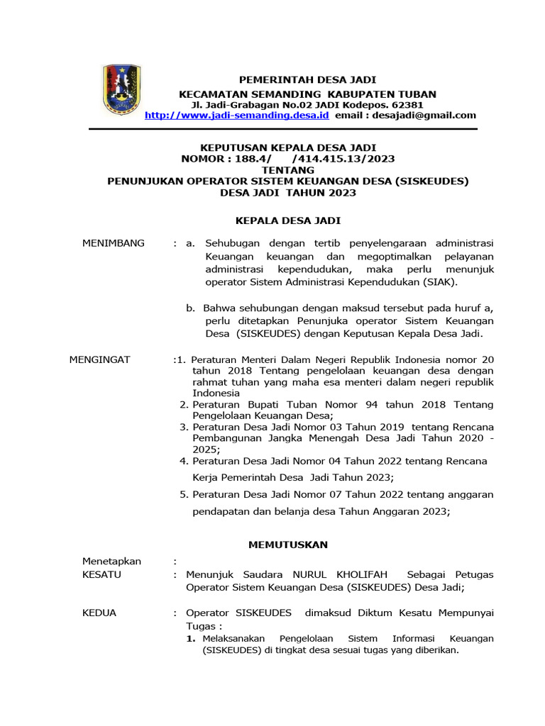 Sk Operator Siskeudes Pdf