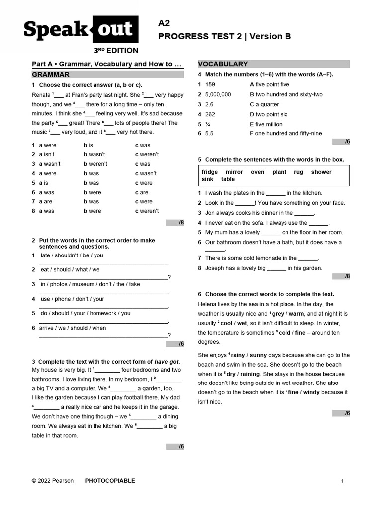 A2 Progress Test 2: Grammar & Vocabulary | PDF
