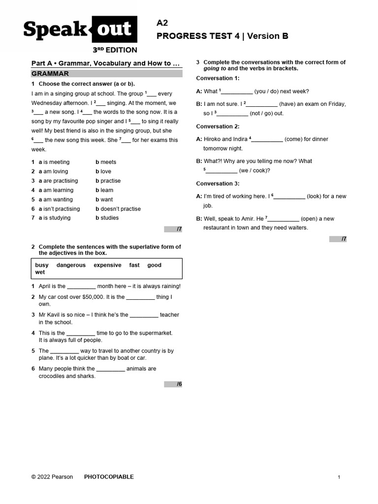 A2 Progress Test 4: Grammar and Vocabulary | PDF | Waiting Staff ...