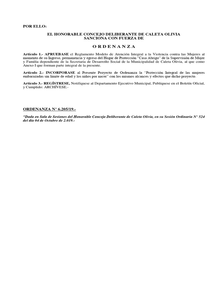 Ordenanza: Por Ello: El Honorable Concejo Deliberante de Caleta Olivia ...