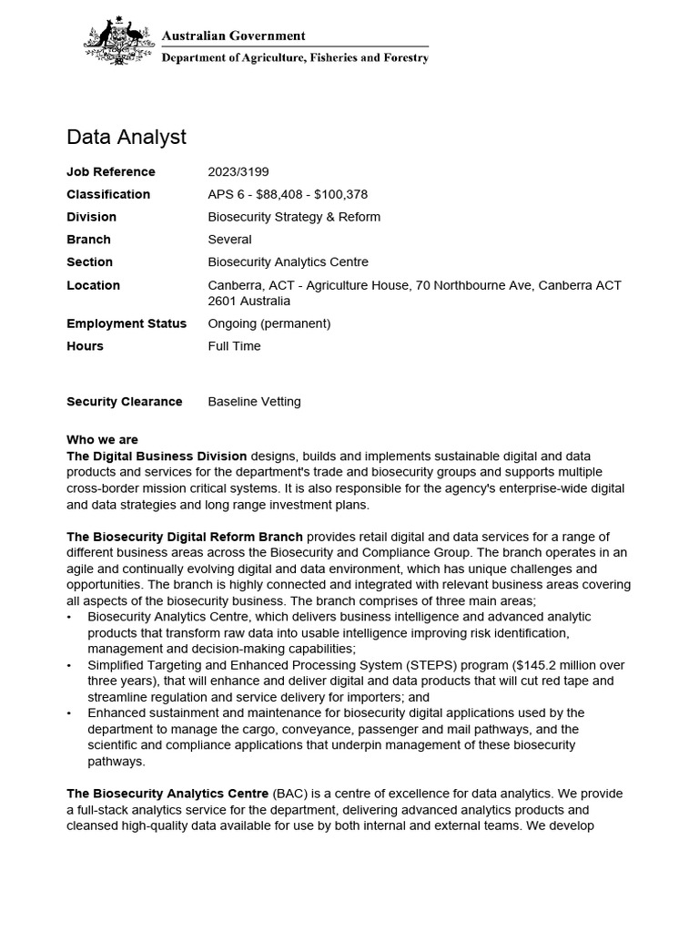 20233199 Data Analysts APS 6 Biosecurity Strategy and Reform Biosecurity Analytics