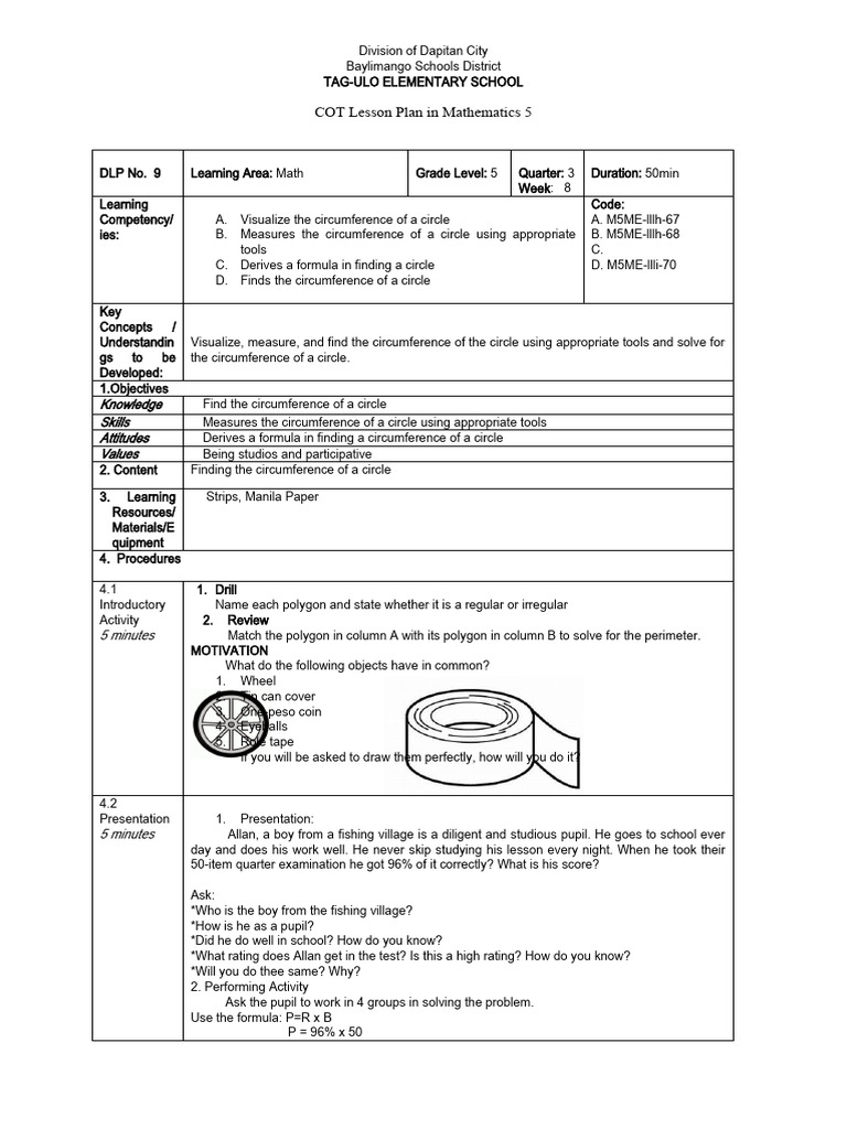 Cot - DLP - Mathematics 5 by Teacher Filpa D. Aro | PDF | Circle ...