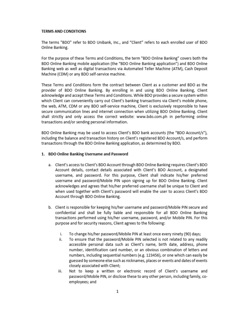 Bdo online terms and conditions pdf online banking banks banking