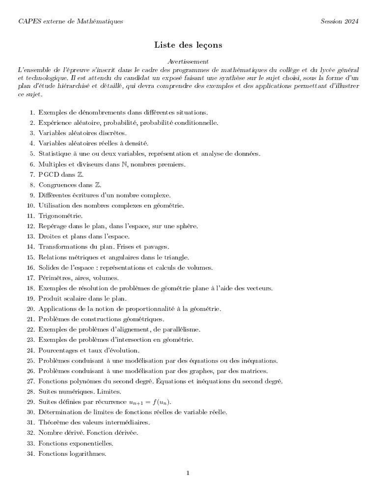 CAPES Maths 2024 Sujets et Leçons PDF Équations Mathématiques — free download