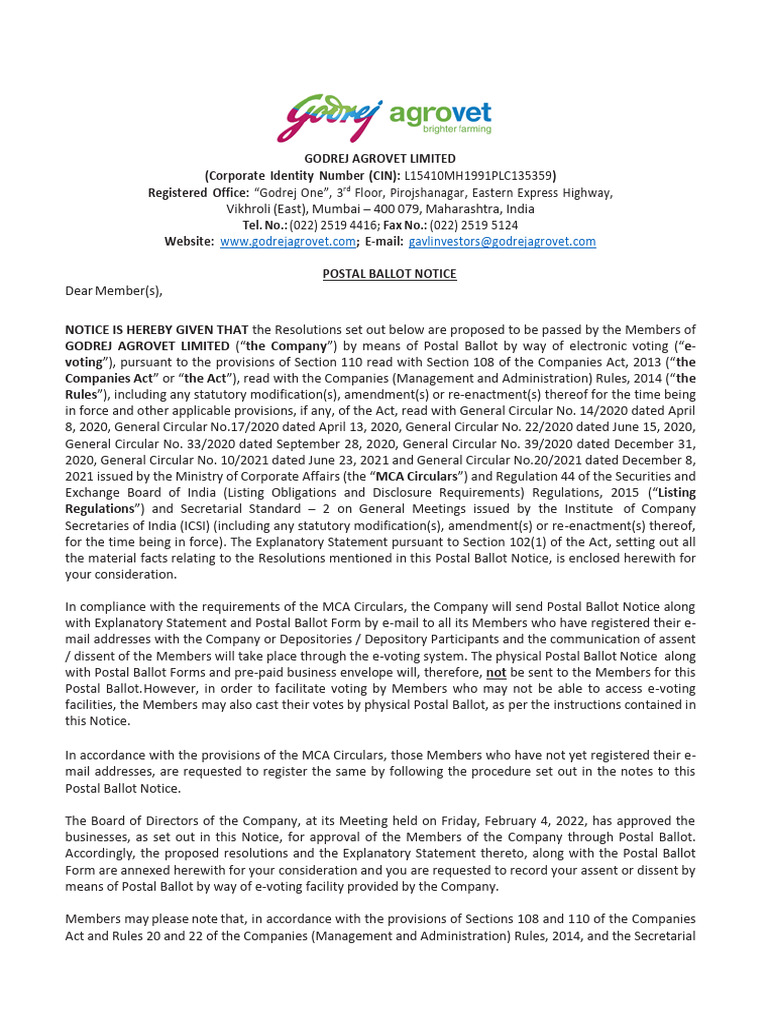 Godrej Agrovets Postal Ballot Notice 2022 | PDF | Electronic Voting | Login