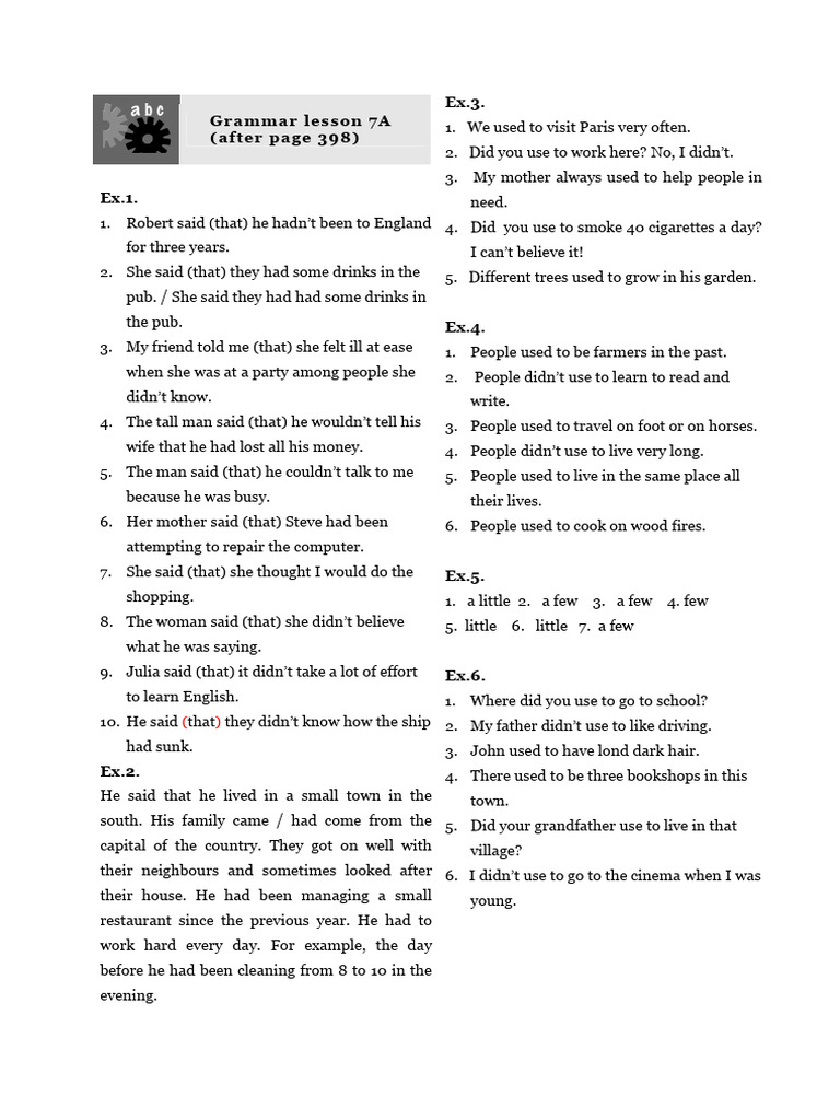 Answer Key for Grammar Lessons 7A-D | PDF