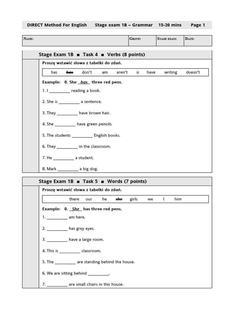 Stage Exam 1B Grammar | PDF | English Language | Cognitive Science