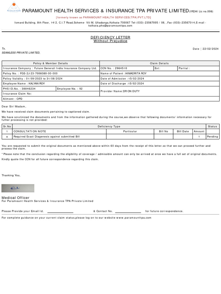 Paramount Health Services & Insurance Tpa Private Limited: Deficiency ...