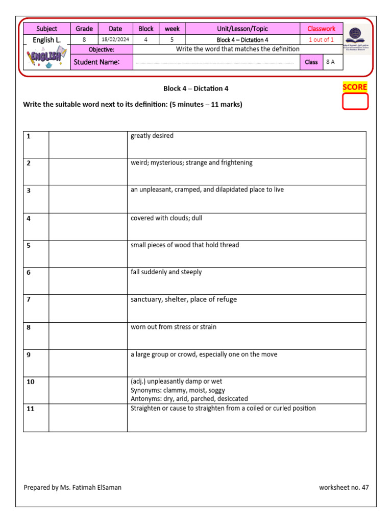 Vocabulary Definitions Worksheet | PDF