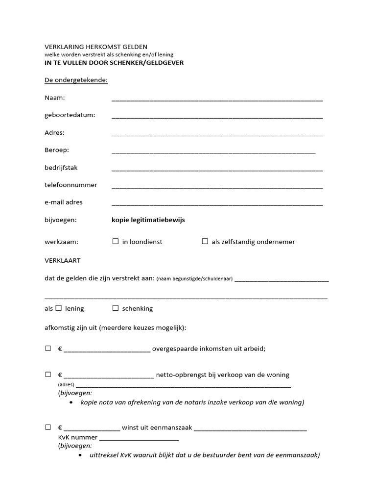 verklaring Herkomst Gelden Schenking CQ Lening in Te Vullen Door Geldgever PDF