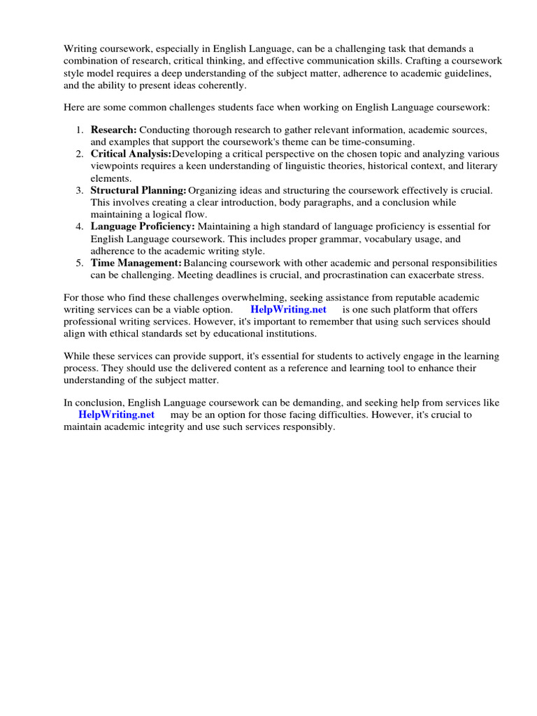 English language coursework style model pdf
