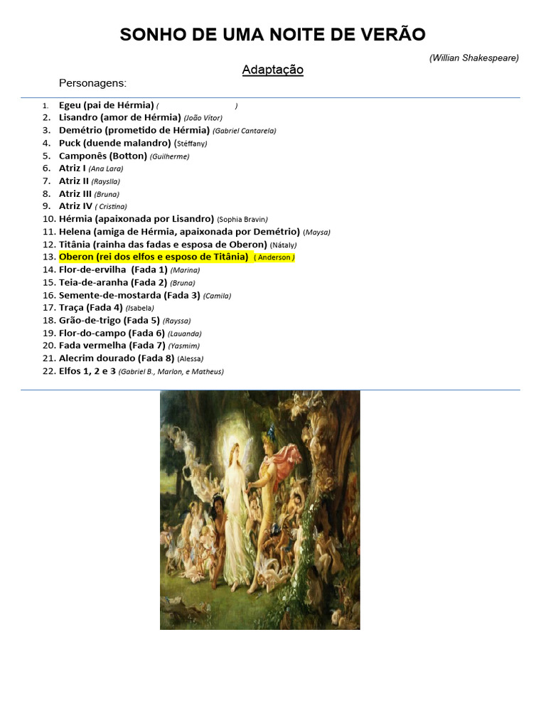 Peça Sonho de Uma Noite de Verão - Versão Adaptada | PDF | Sonho de uma  Noite de Verão | Amor, image size:768x1024