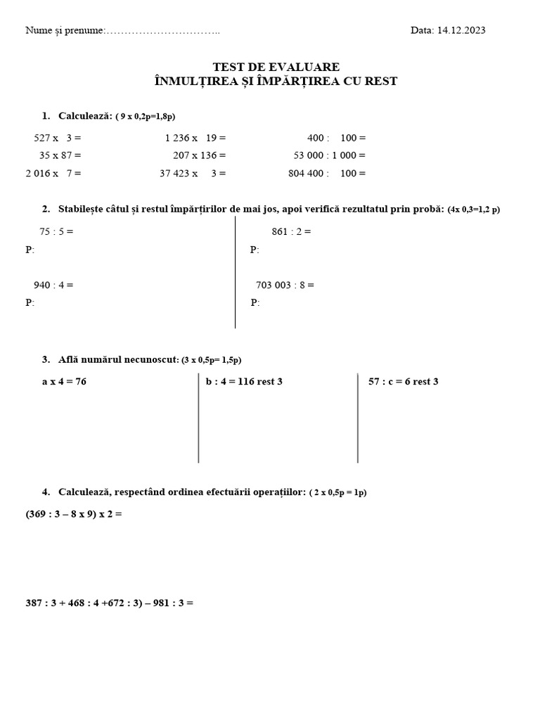 Evaluare Inmultire Si Impartire Cu Rest | PDF
