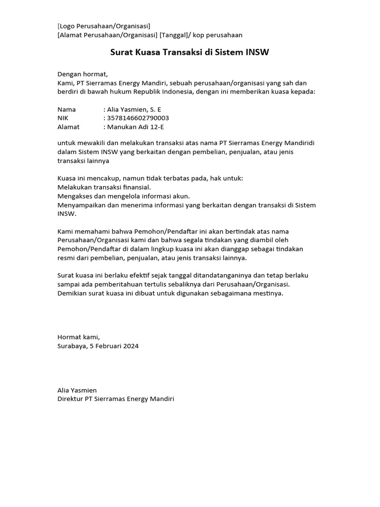 Surat kuasa transaksi di sistem insw pdf