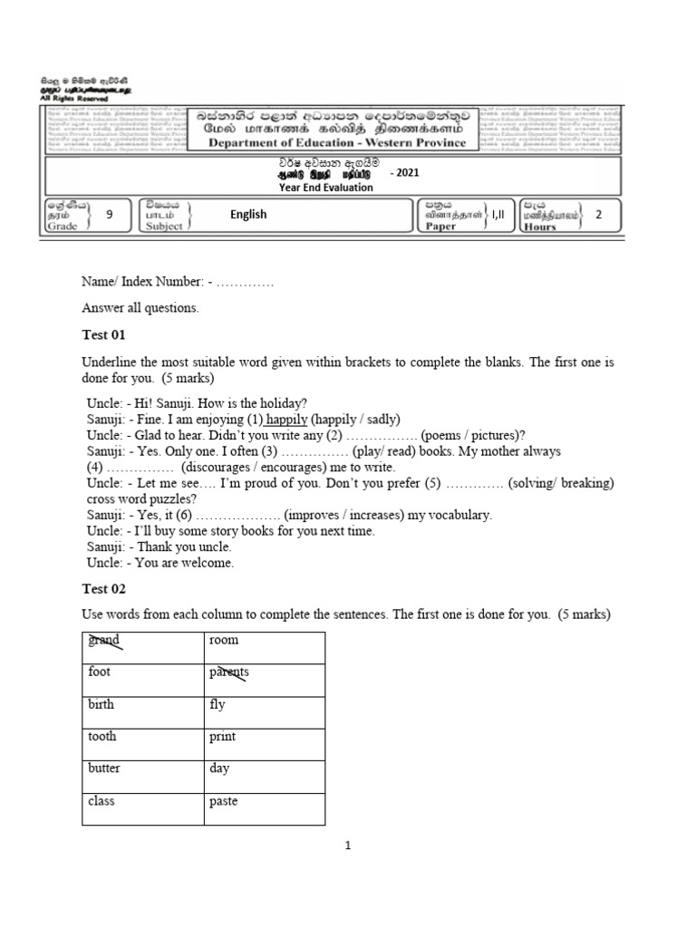Western Province Grade 9 English 2021 3rd Term Test Paper 64128bddc388d